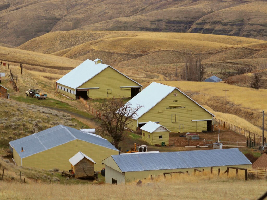 Main house, barn, shop, and other facilities of the Snake River Ranch on Hooper Canyon Rd