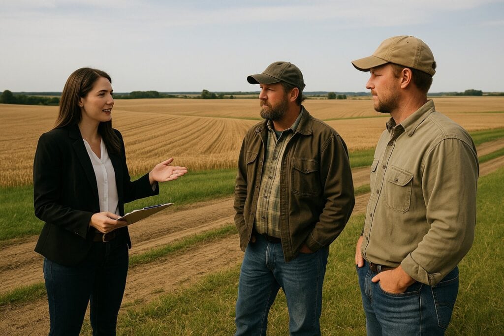 land broker tours farmers around land for sale