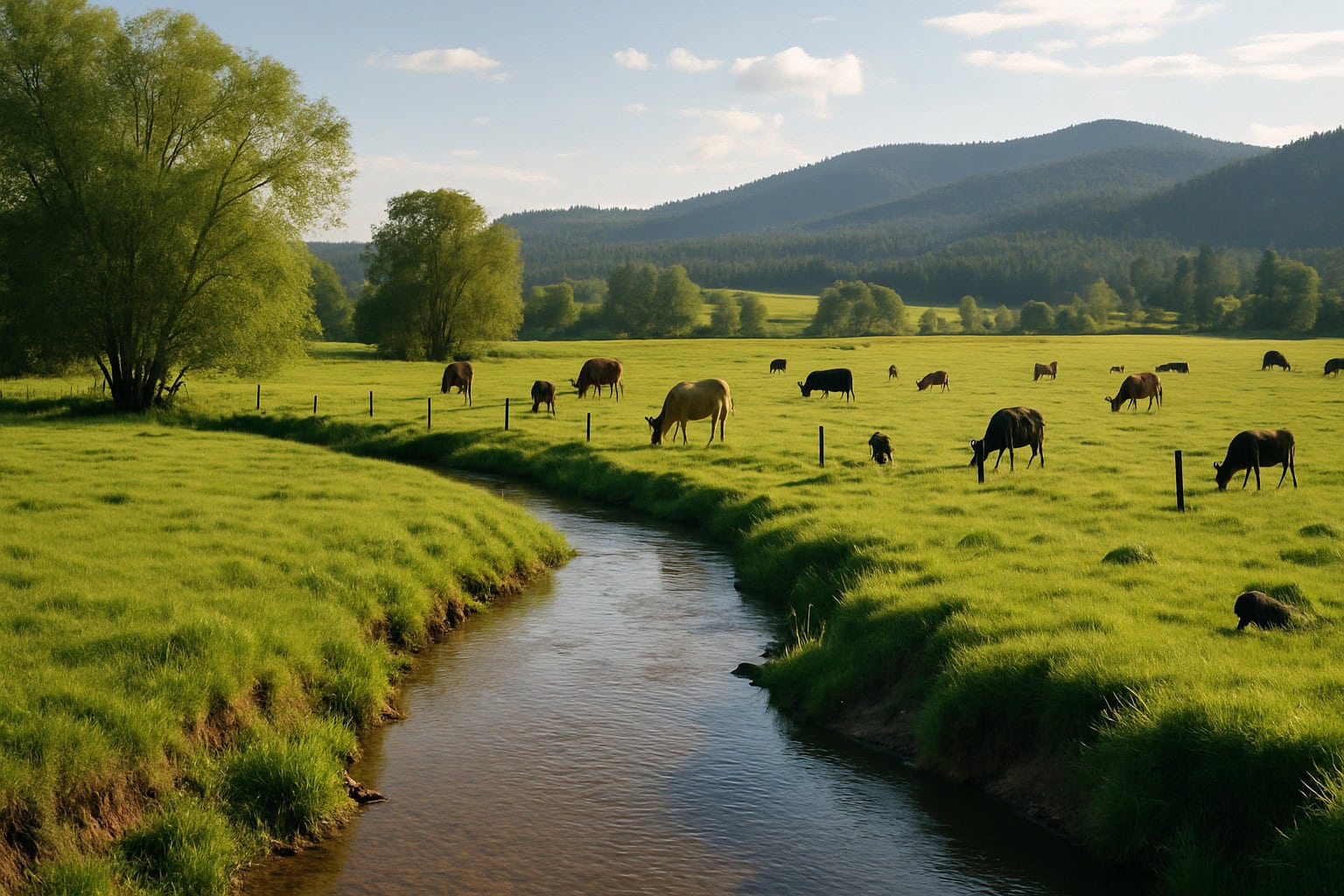 Rural Washington State landscape with grazing land and a creek.