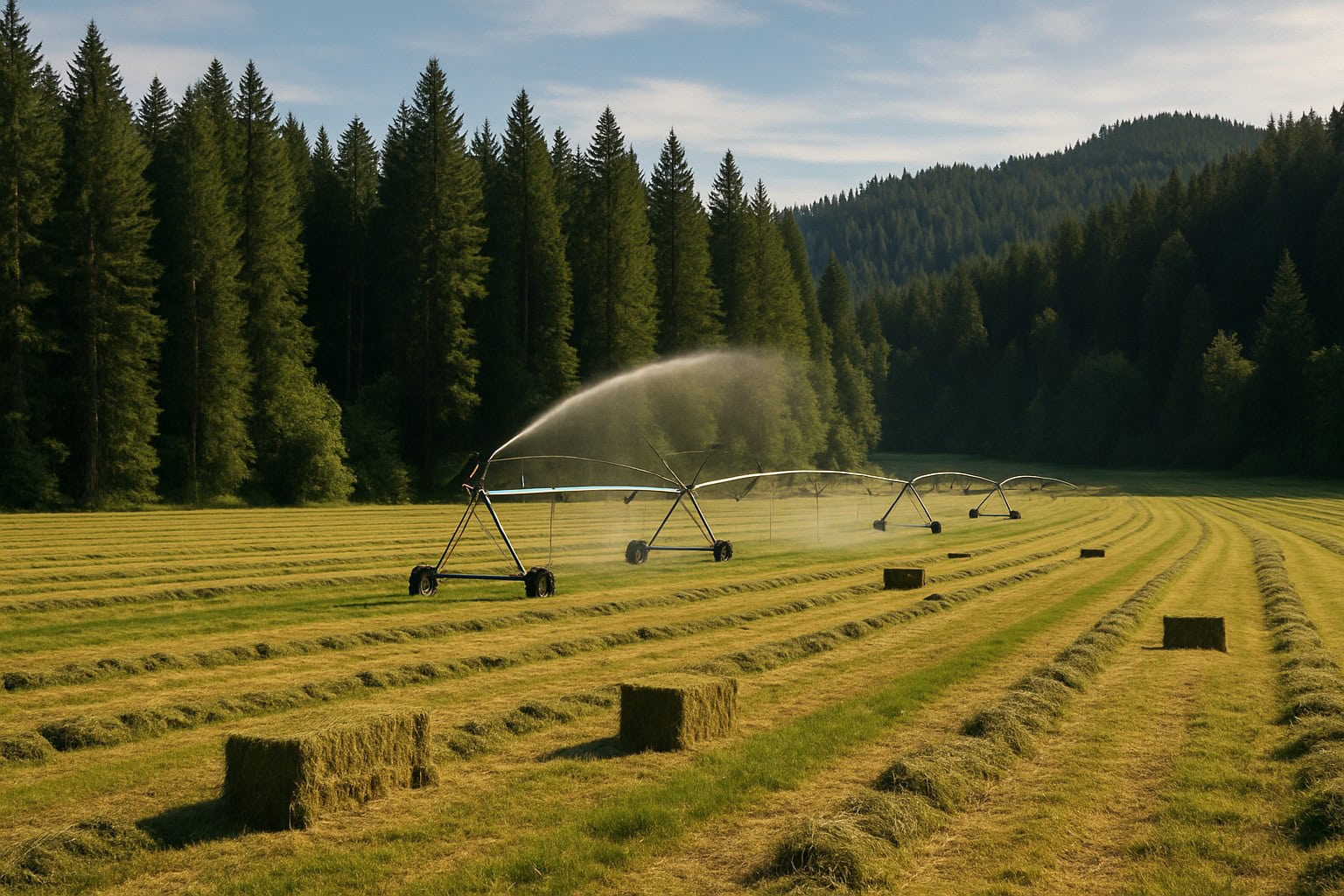 Washington State hay field with timberland and irrigation equipment.
