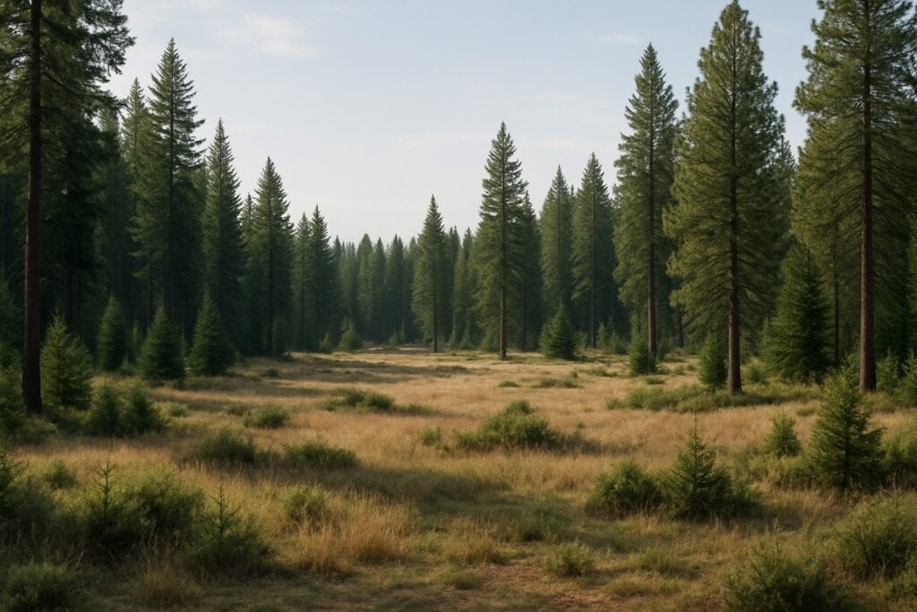 Washington State timberland with coniferous trees and open spaces for wildlife habitat.