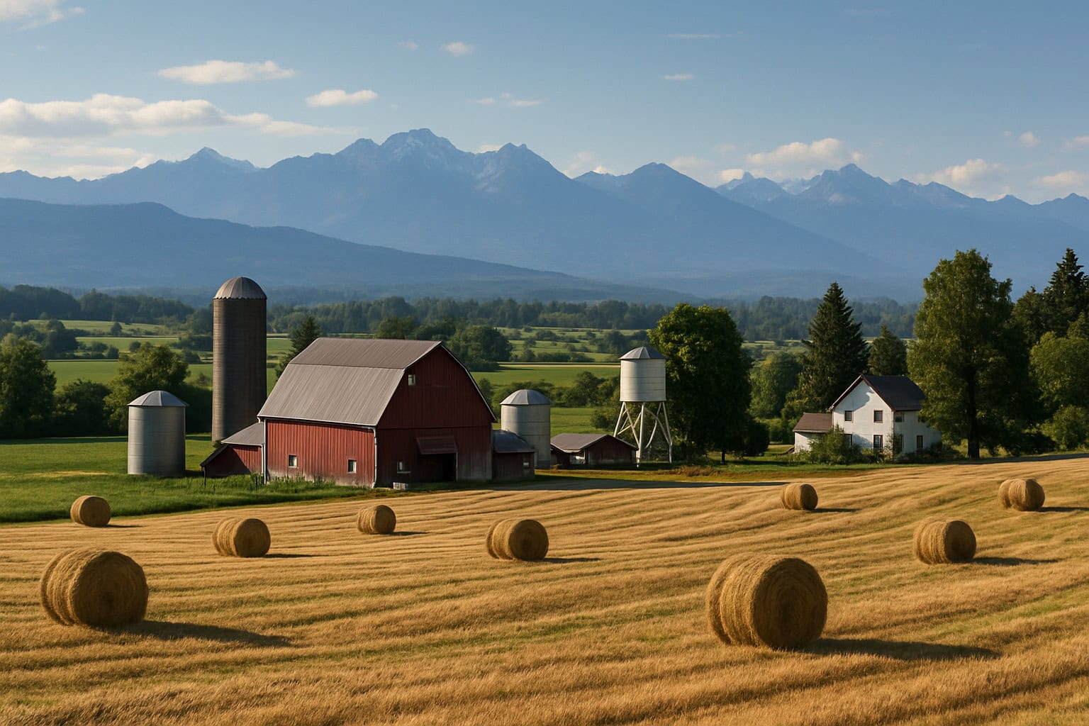 Rural Washington State farm with hay fields and Cascade Mountains.