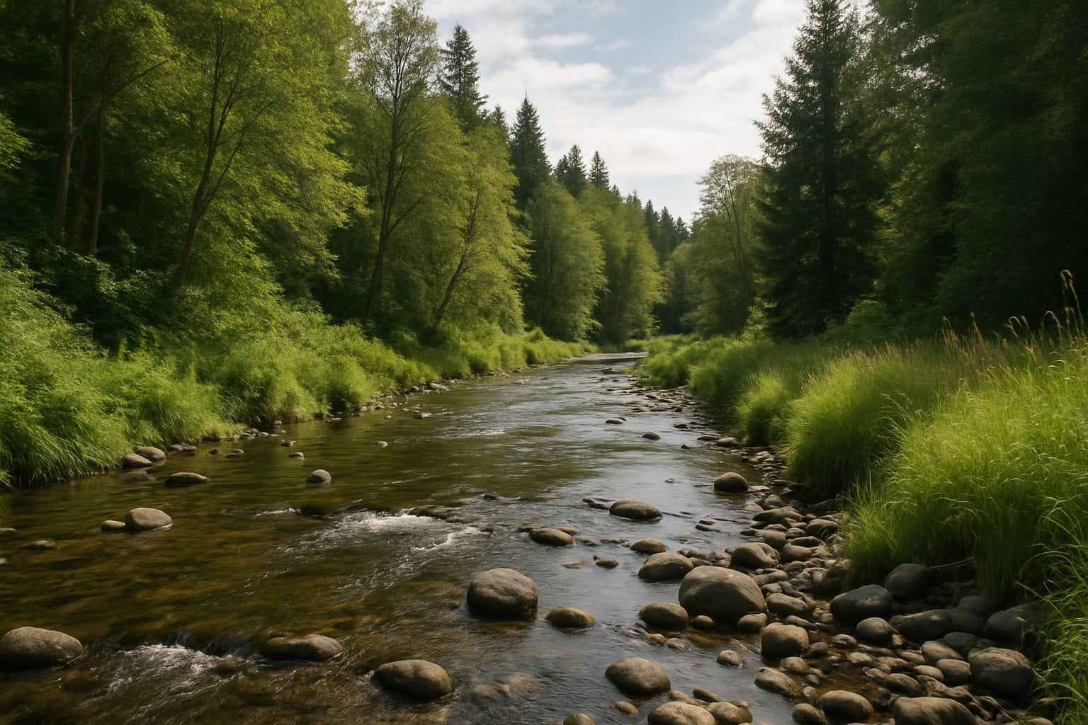 Creek in a forested area of Washington State, suitable for wildlife.