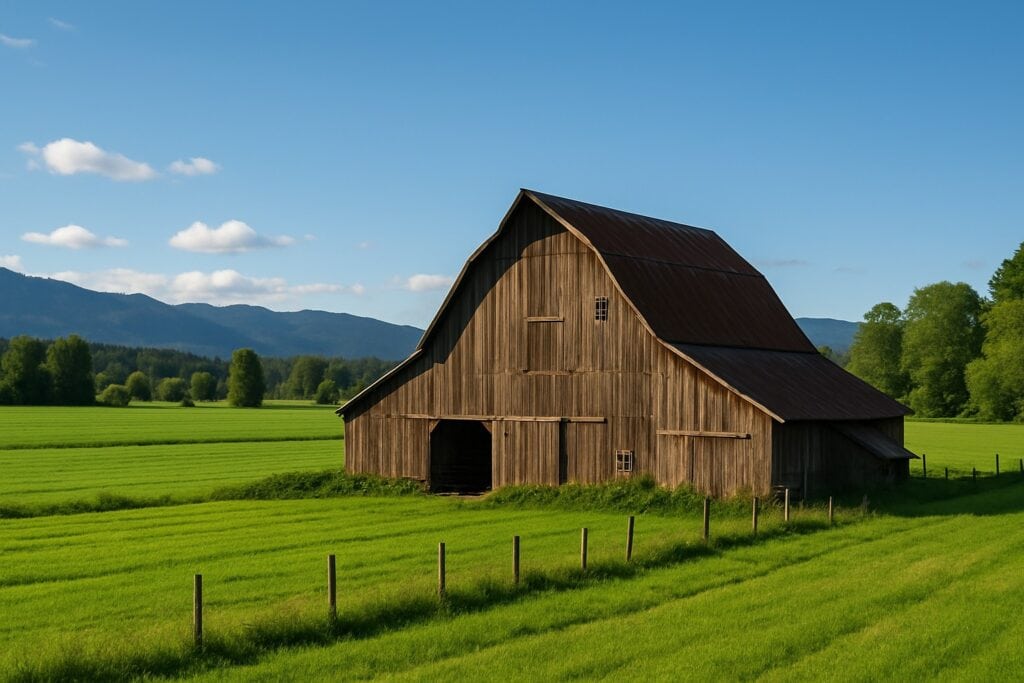 Washington State farm with barn and green fields.