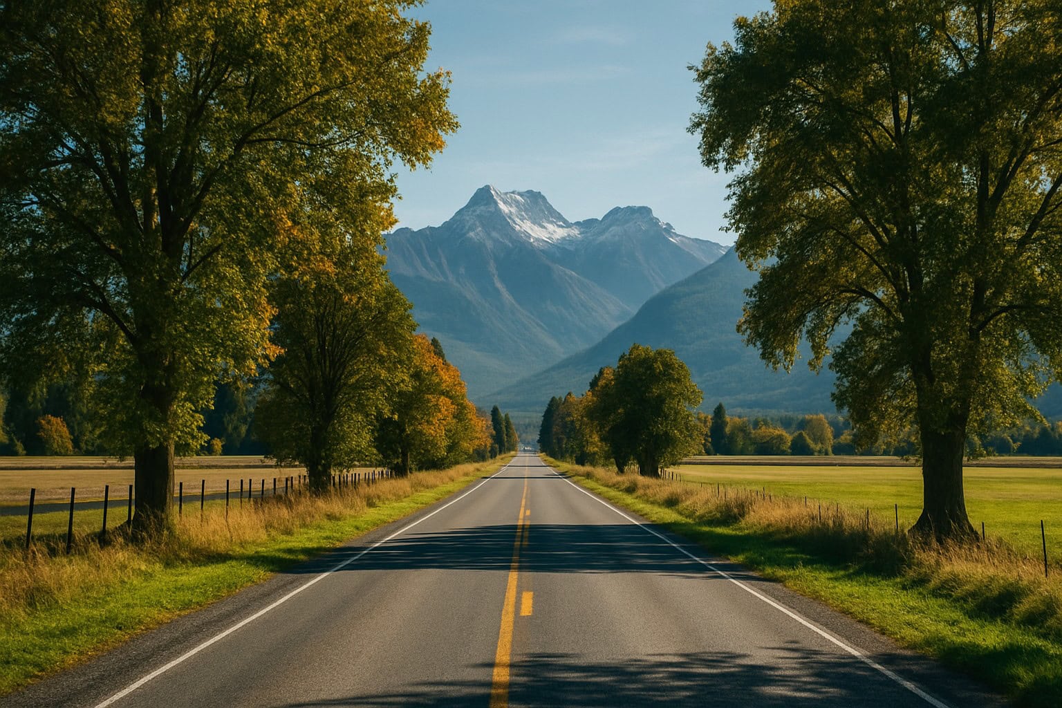 Rural road in Washington State with trees and mountains.