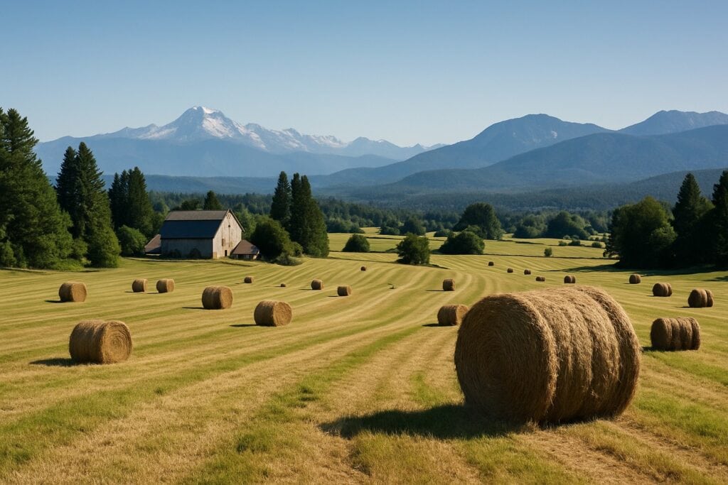 Washington State farm with hay fields and Cascade Mountains in the background.