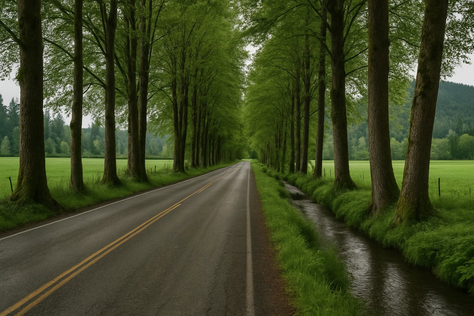Rural Washington State road with trees and a creek.