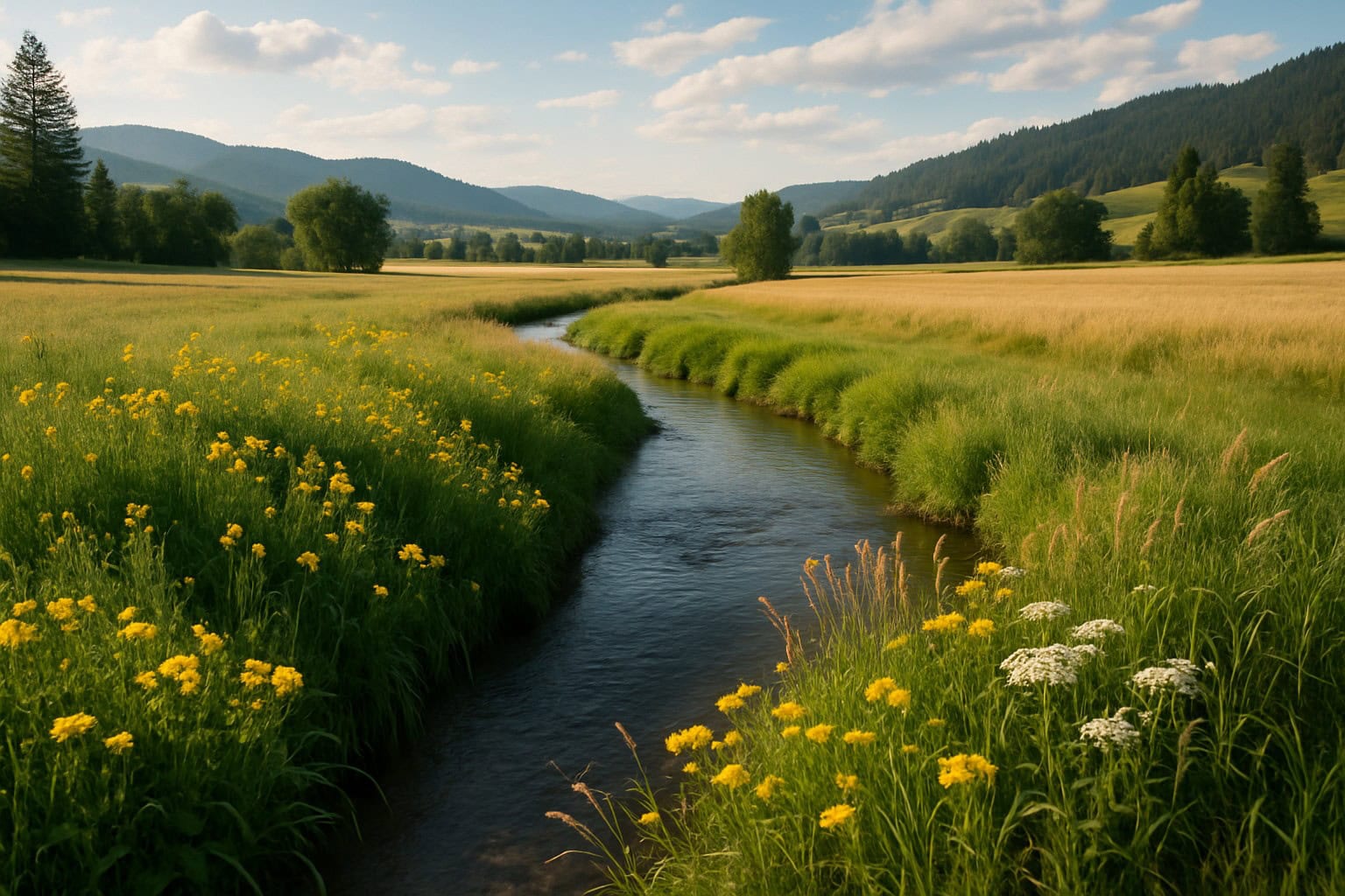 Rural Washington State landscape with a creek and meadow.