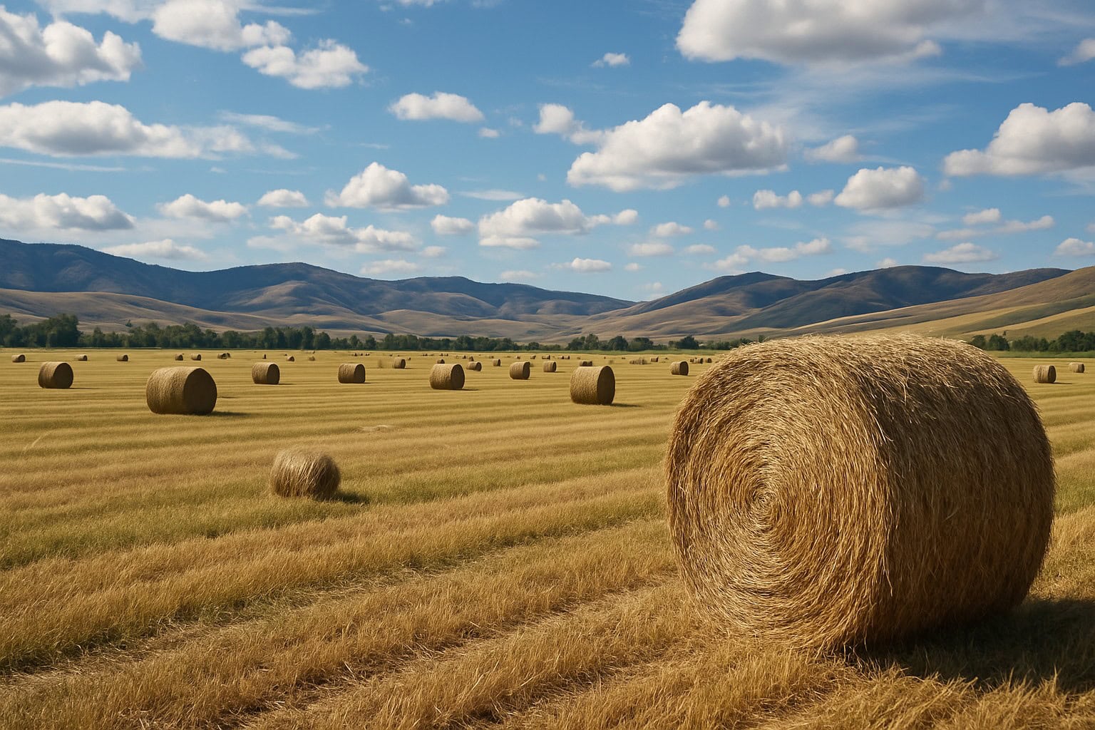 Washington State hay field with round bales and rolling hills.