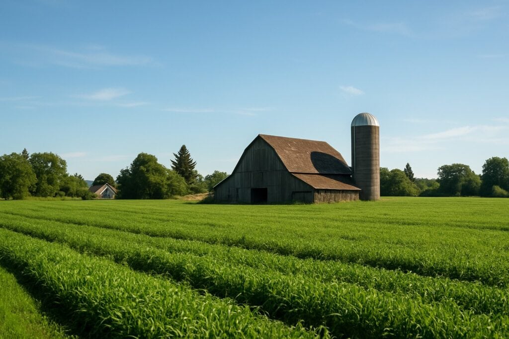 A Washington State farm with green fields and a barn.
