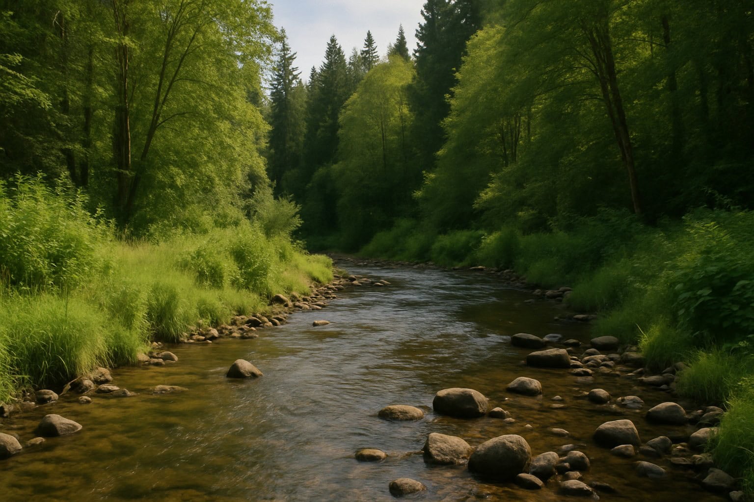 A creek in Washington State surrounded by trees.