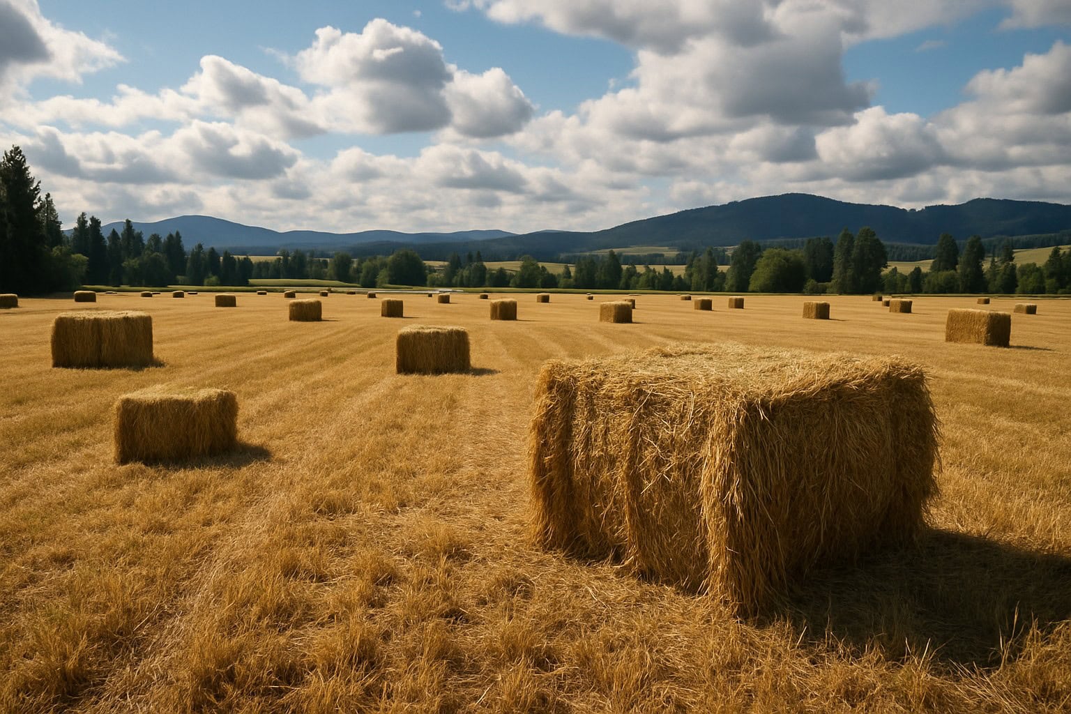 A hay field in Washington State with hay bales.