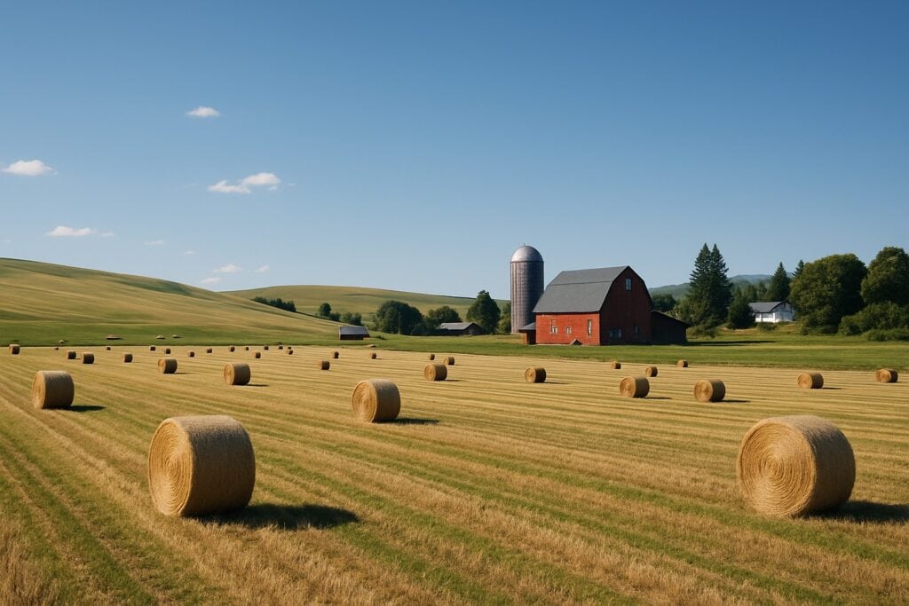 A Washington State farm with hay fields under a clear blue sky.