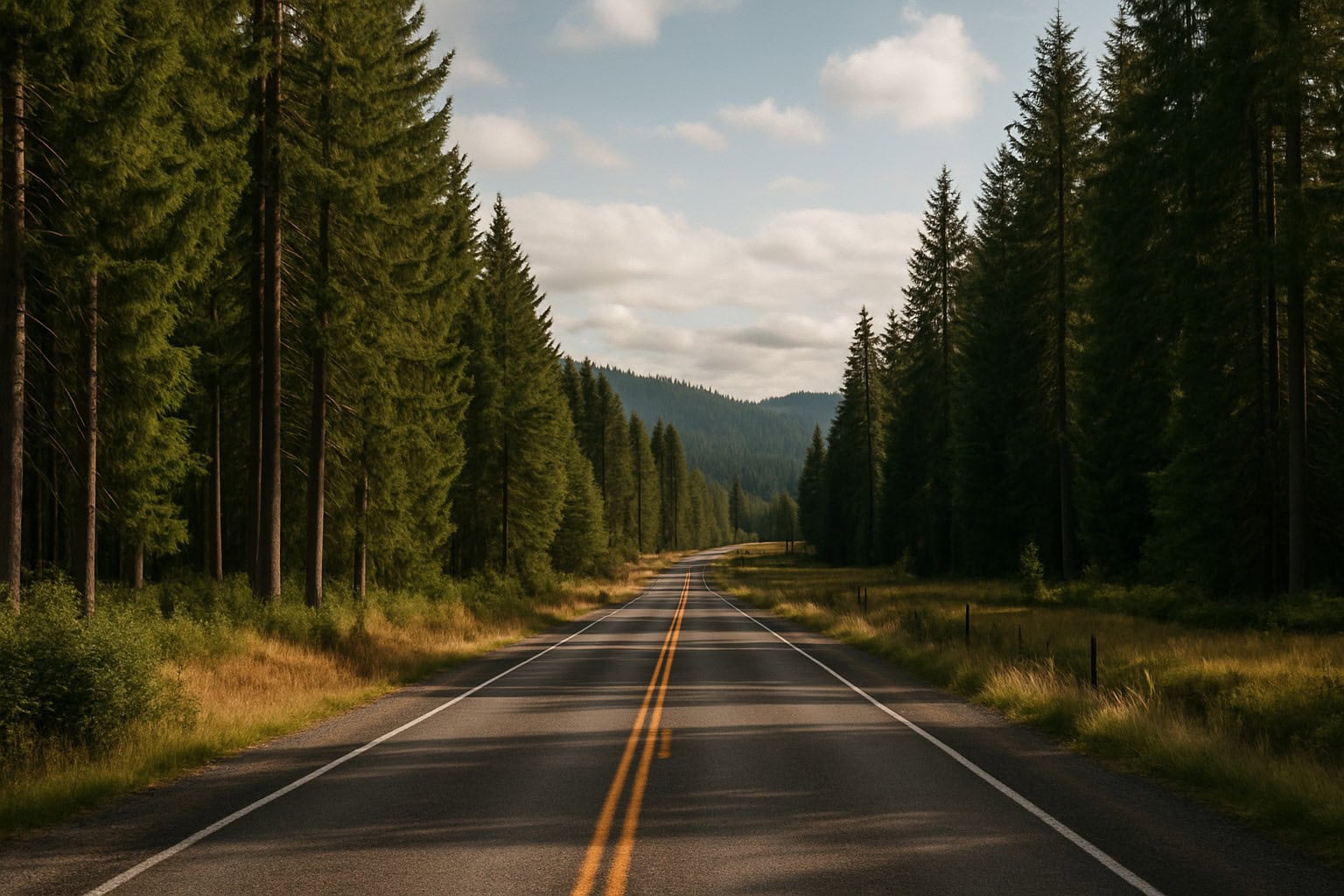 A rural road in Washington State surrounded by timberland.