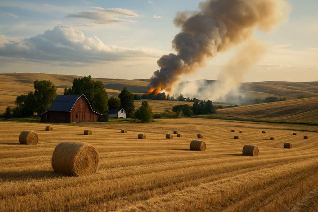 Washington State farm with hay fields and a controlled burn.
