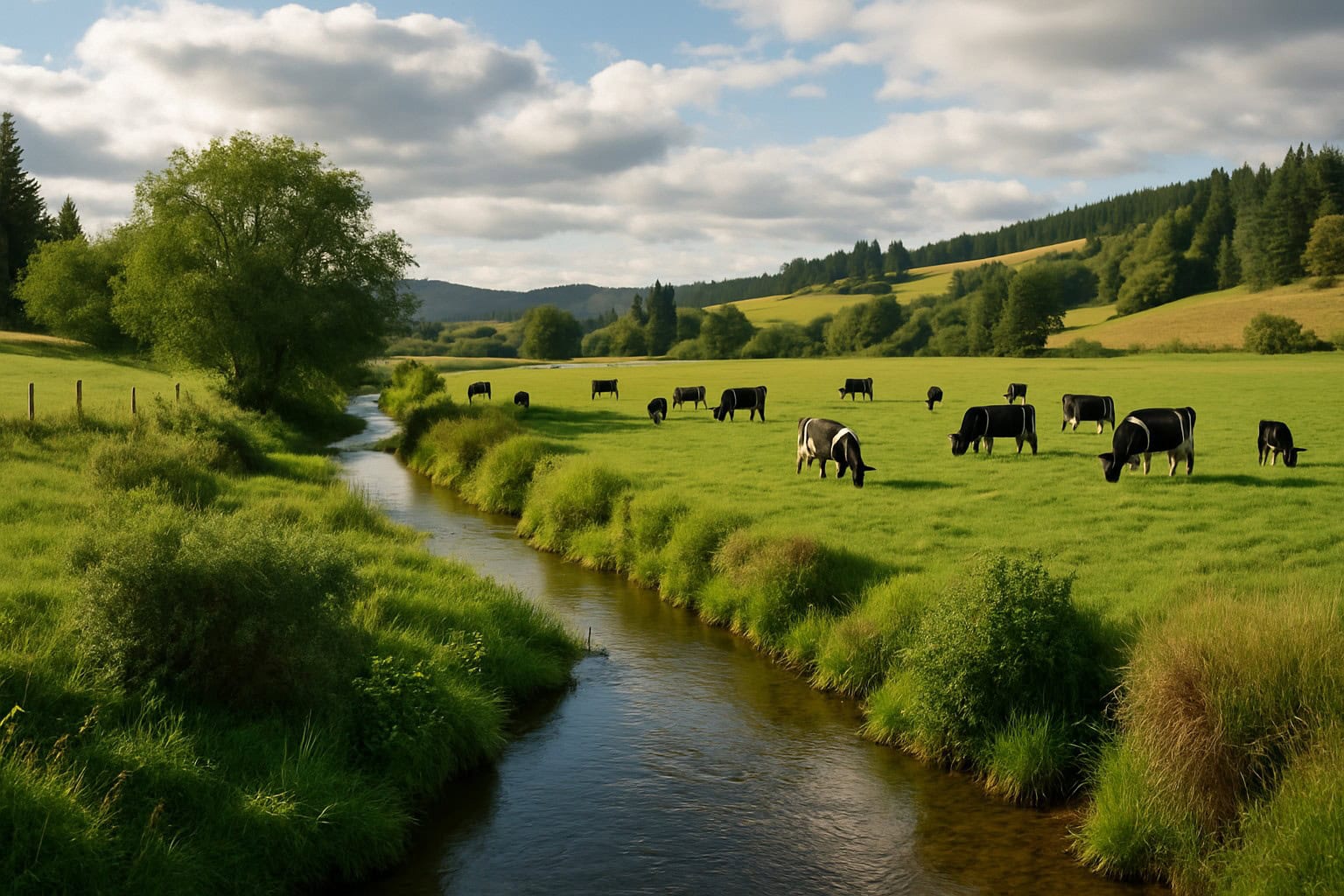 Rural Washington State landscape with a creek and grazing land.