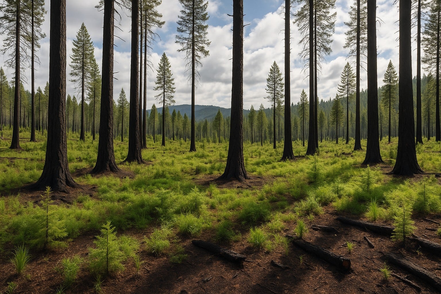 Washington State timberland with signs of a controlled burn and regrowth.