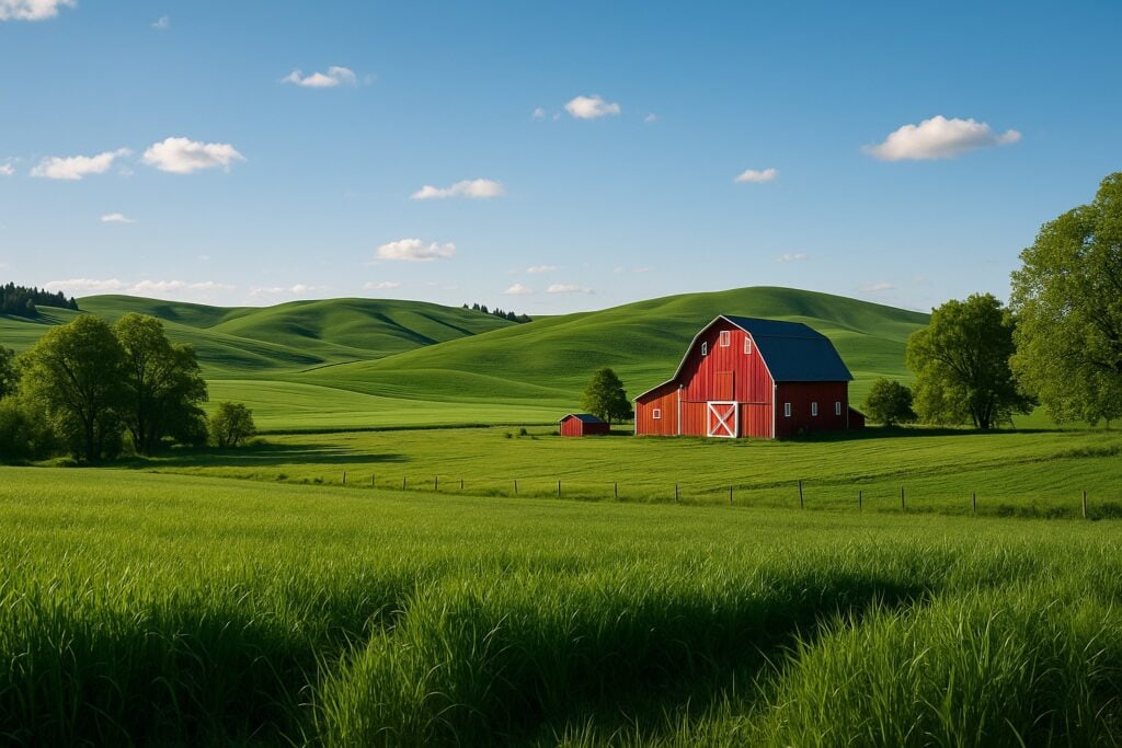 A picturesque Washington State farm with rolling hills and a red barn.
