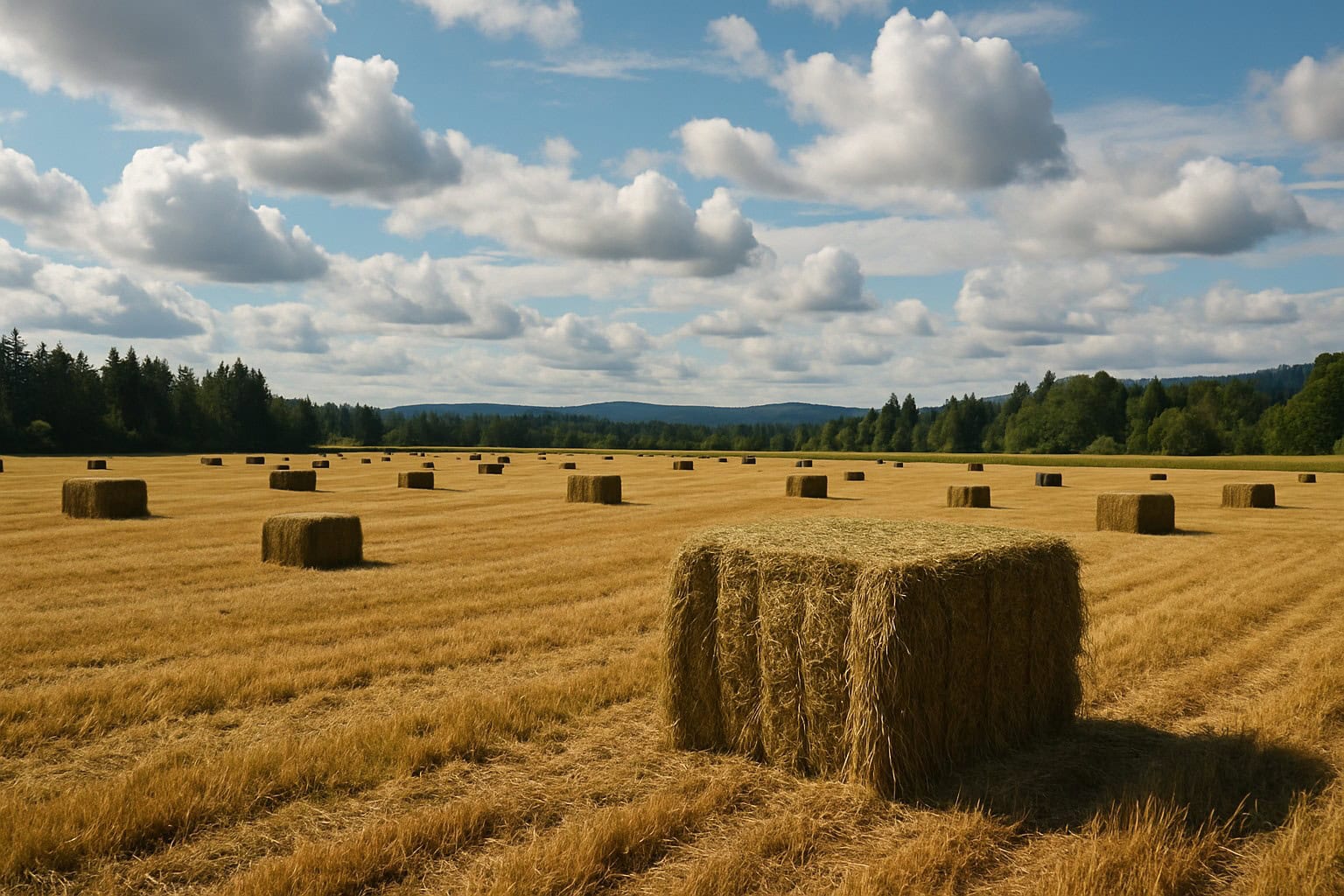 Washington State hay field with bales of hay.