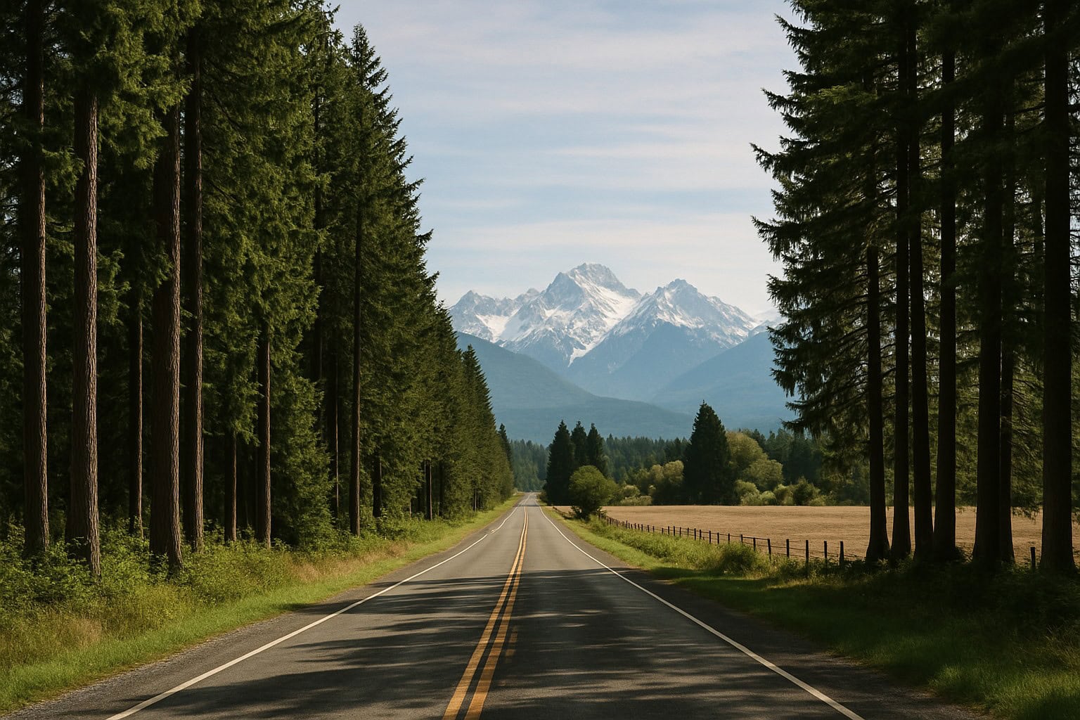 Rural road in Washington State with evergreen trees and mountain views.