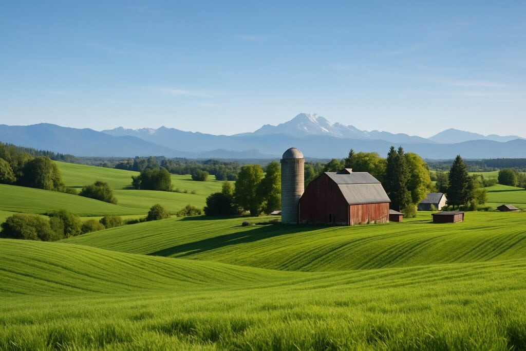 A scenic view of a Washington State farm with green fields and the Cascade Mountains in the background.