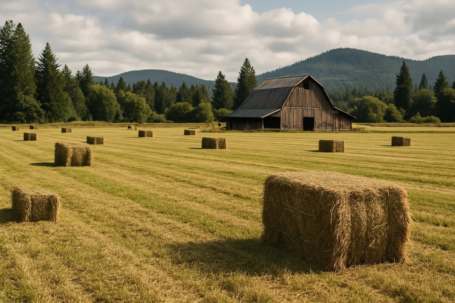 A Washington State hay field with hay bales and a barn.