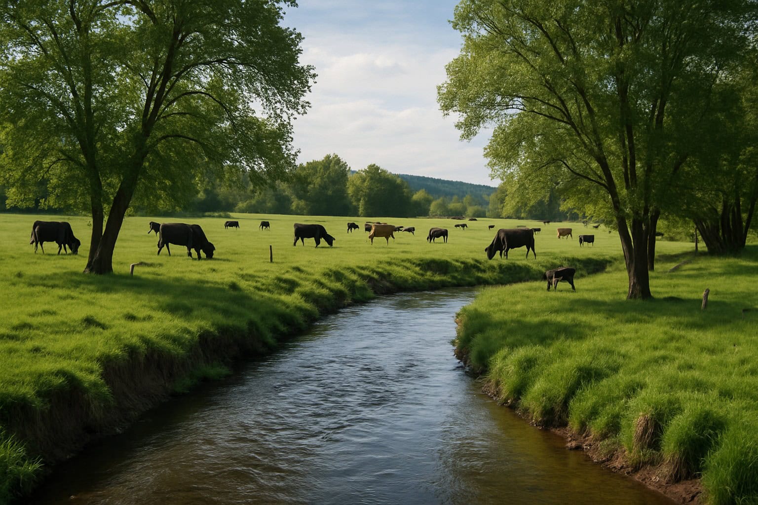 A creek running through grazing land with cattle in Washington State.