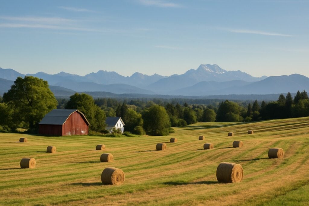 Washington State farm with hay fields and Cascade Mountains in the background.