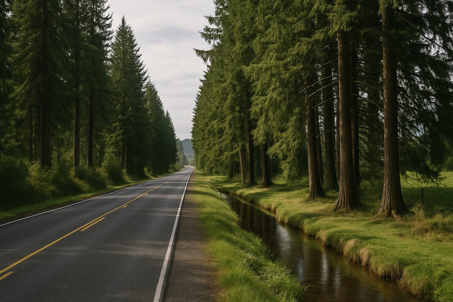 Rural road in Washington State with evergreens and a creek.