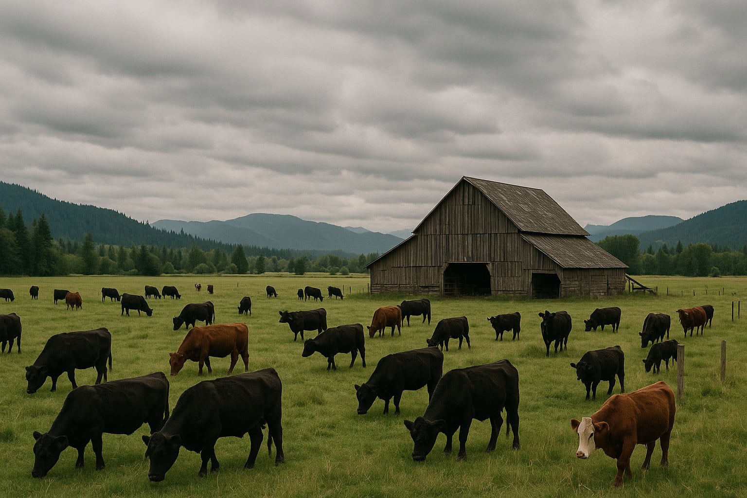 Grazing land in Washington State with cattle and a barn.