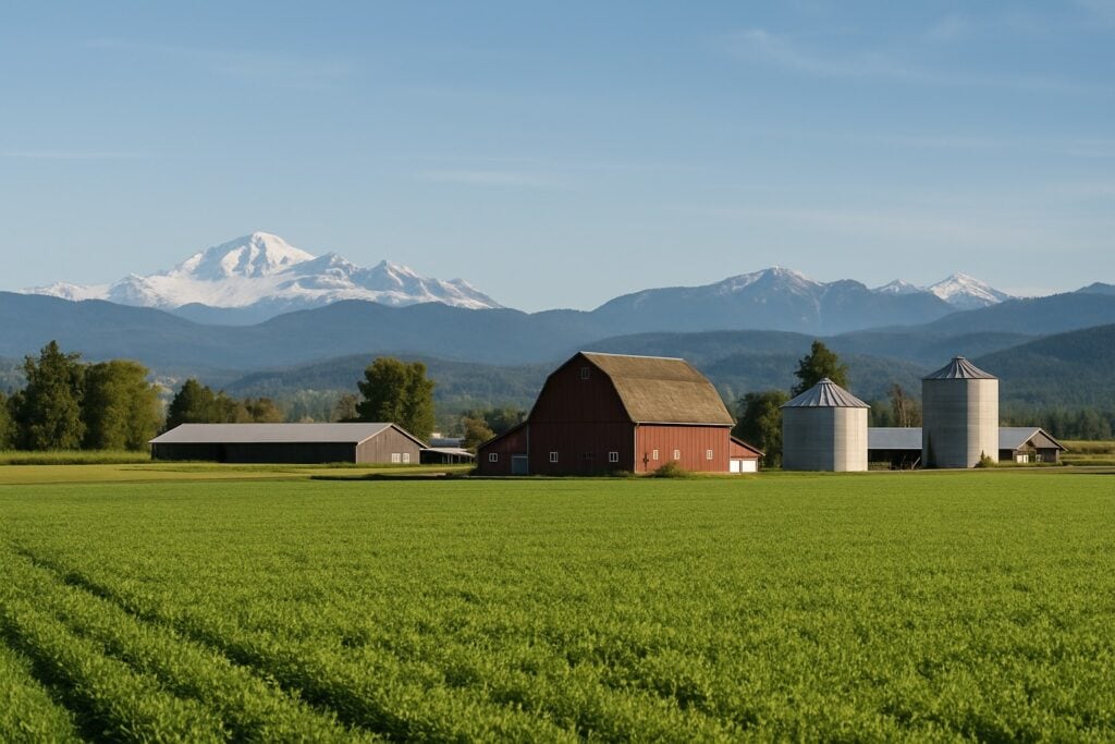 A Washington State farm with green fields and Cascade Mountains in the background.