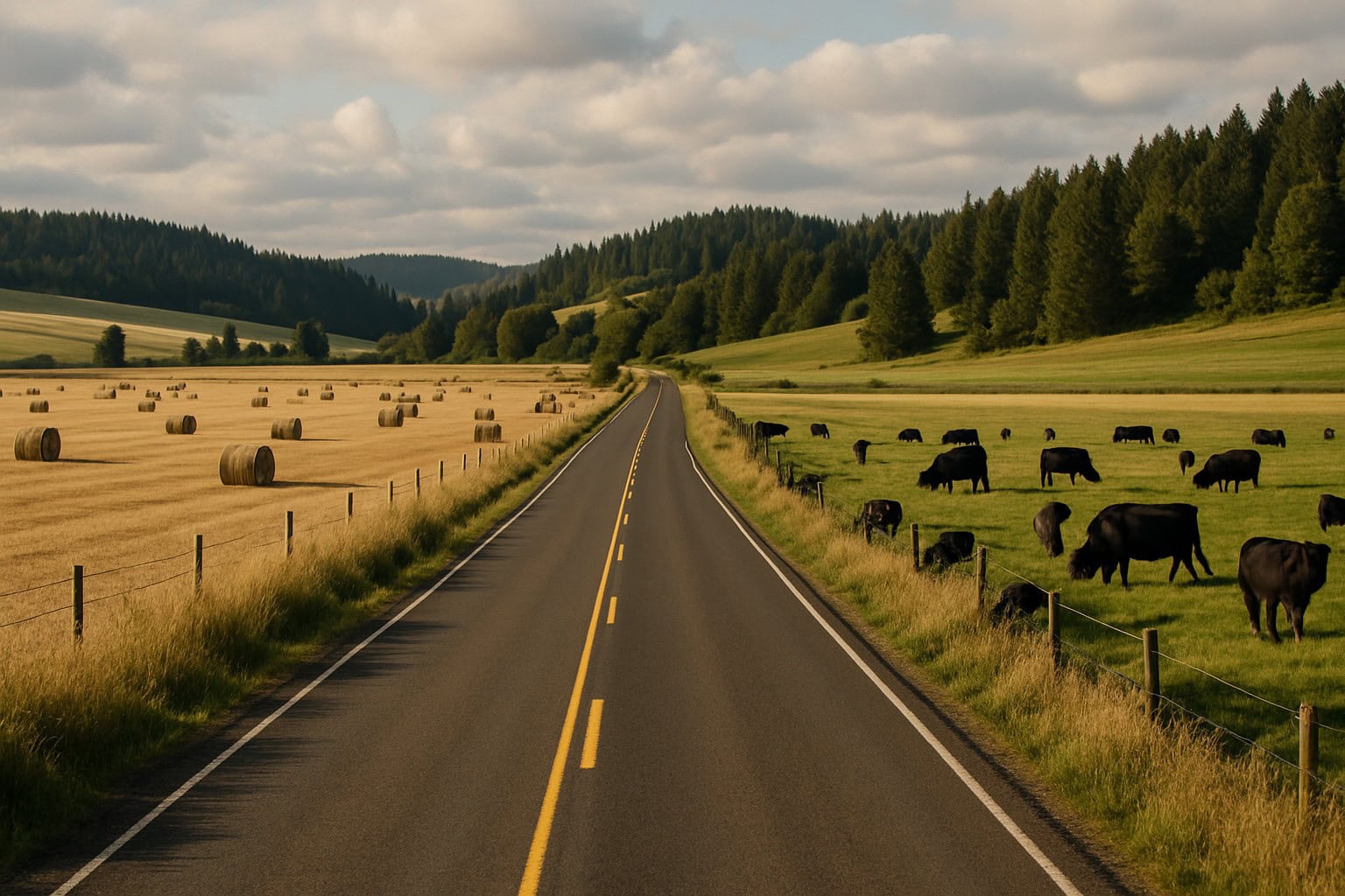 A rural road in Washington State with hay fields and grazing cattle.
