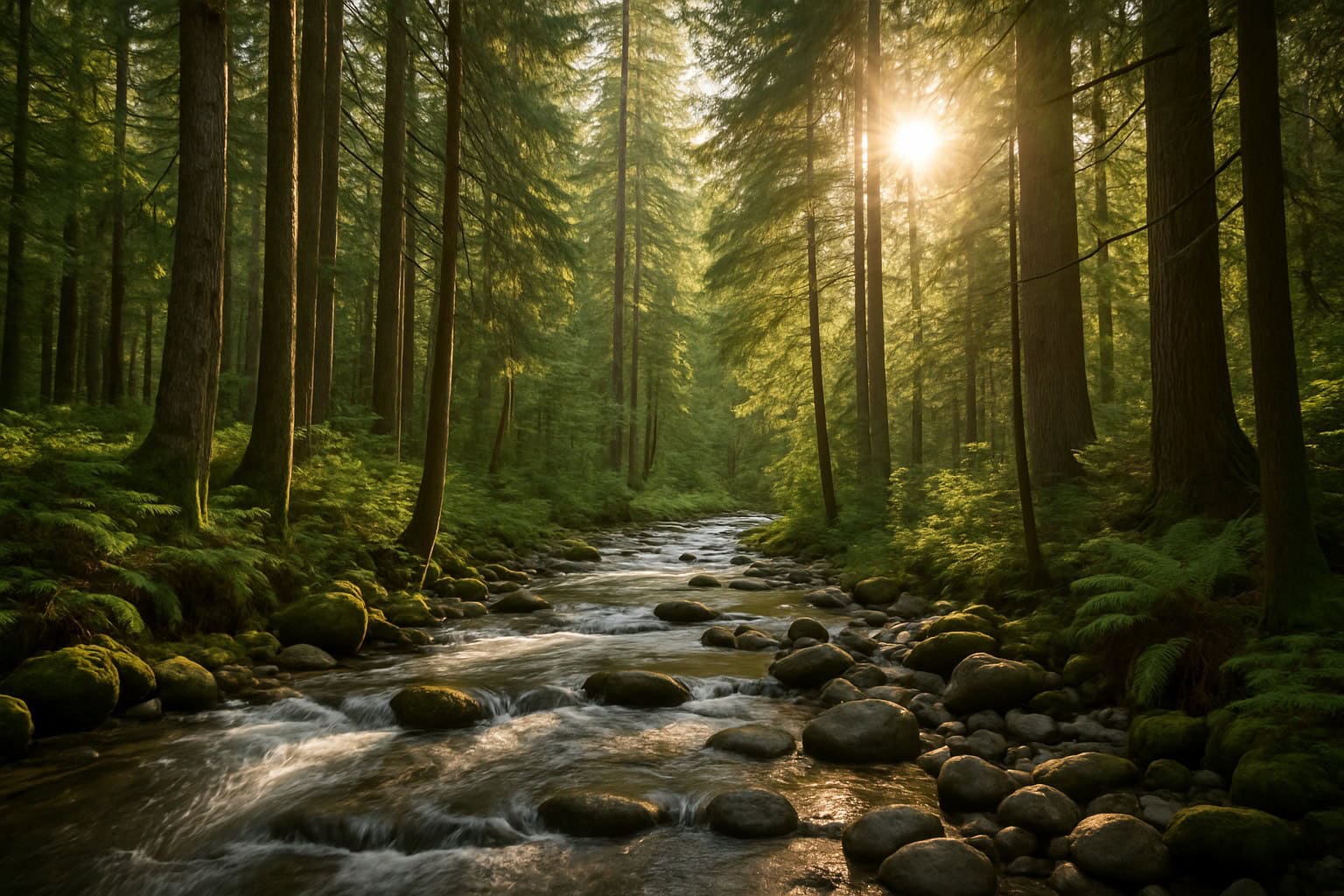 A creek in Washington State running through timberland with sunlight filtering through trees.