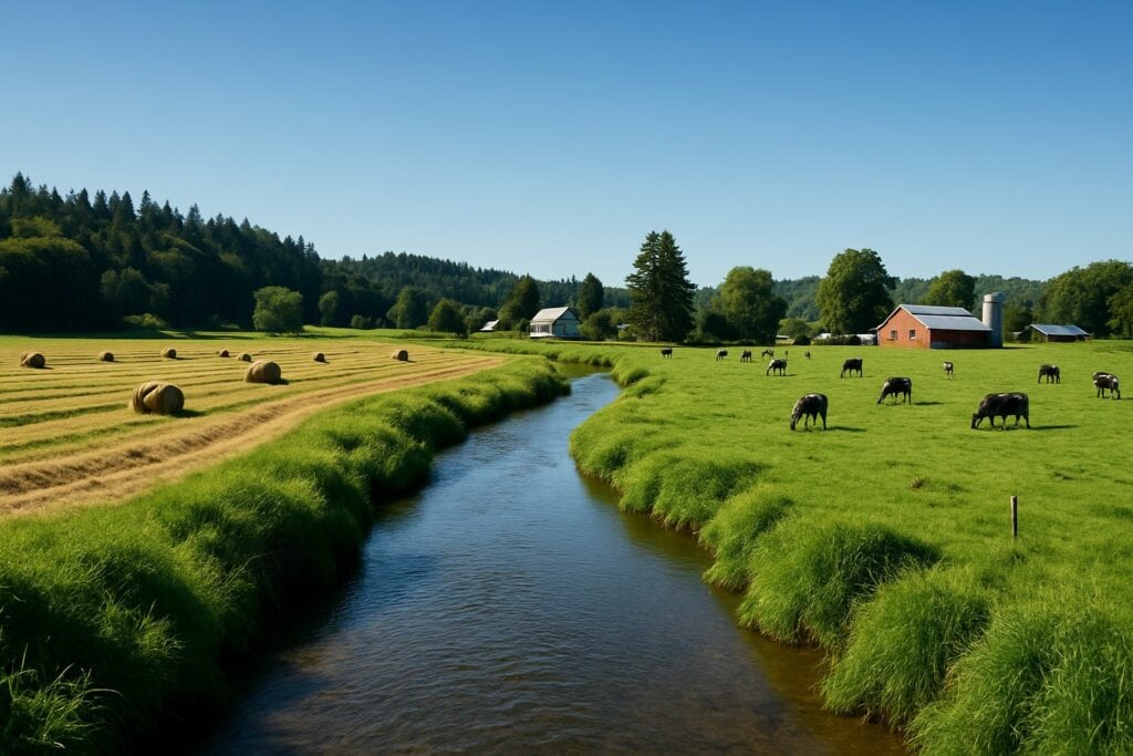 A Washington State farm with a creek flowing through hay fields and grazing land.