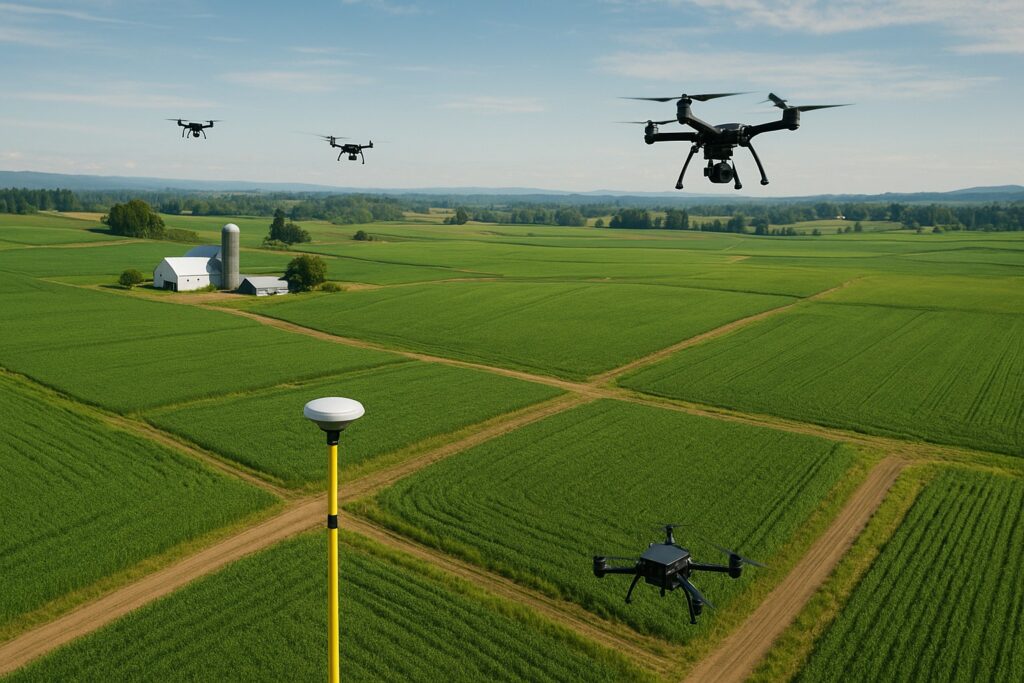 Aerial view of a Washington State farm with precision agriculture technology in use.