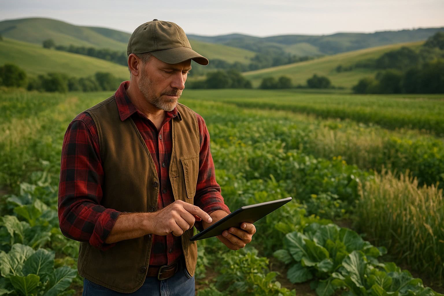 Farmer in Washington using a tablet for data analysis in a field with diverse crops.