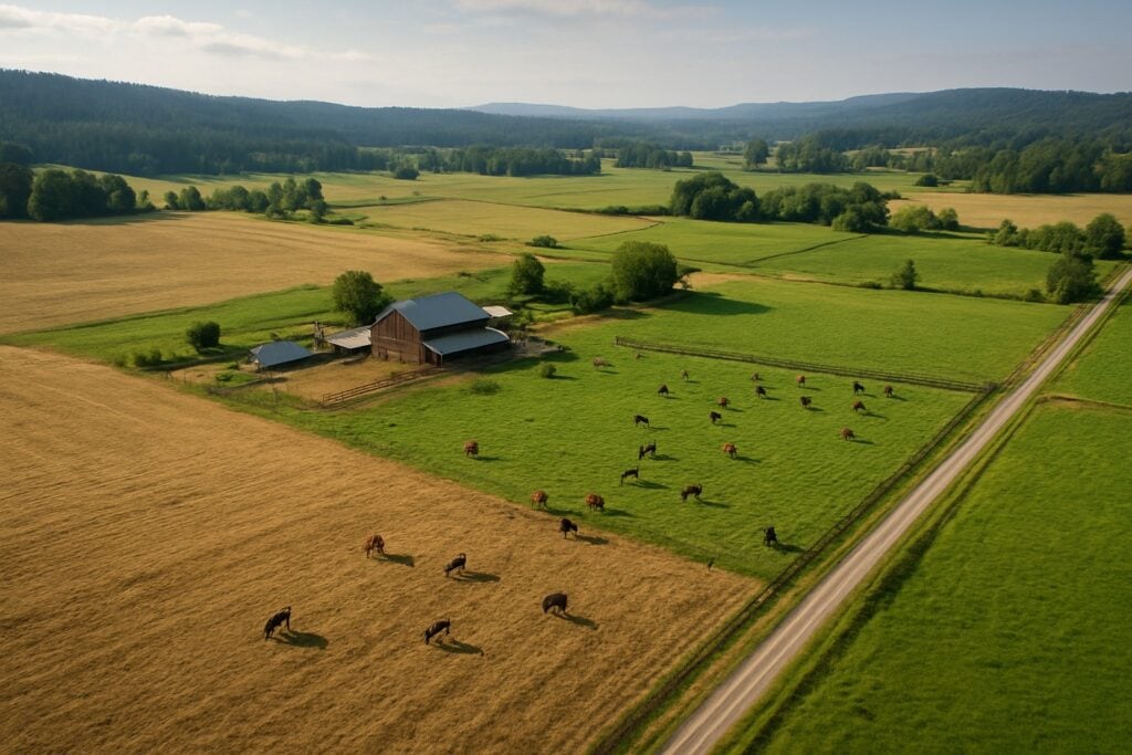 Aerial view of Washington State ranch with diverse landscapes.