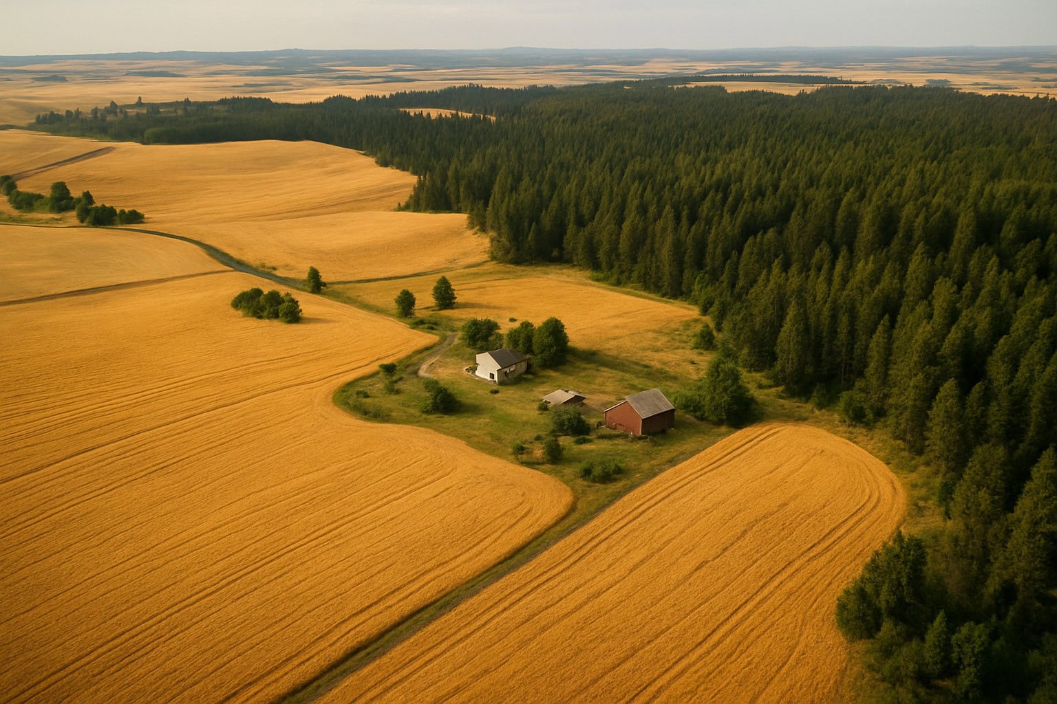 Aerial view of Washington State ranch with wheat fields and timberland.