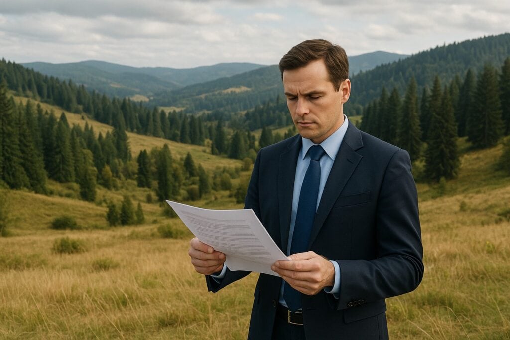 Professional reviewing documents in rural Washington State with hills and evergreens.