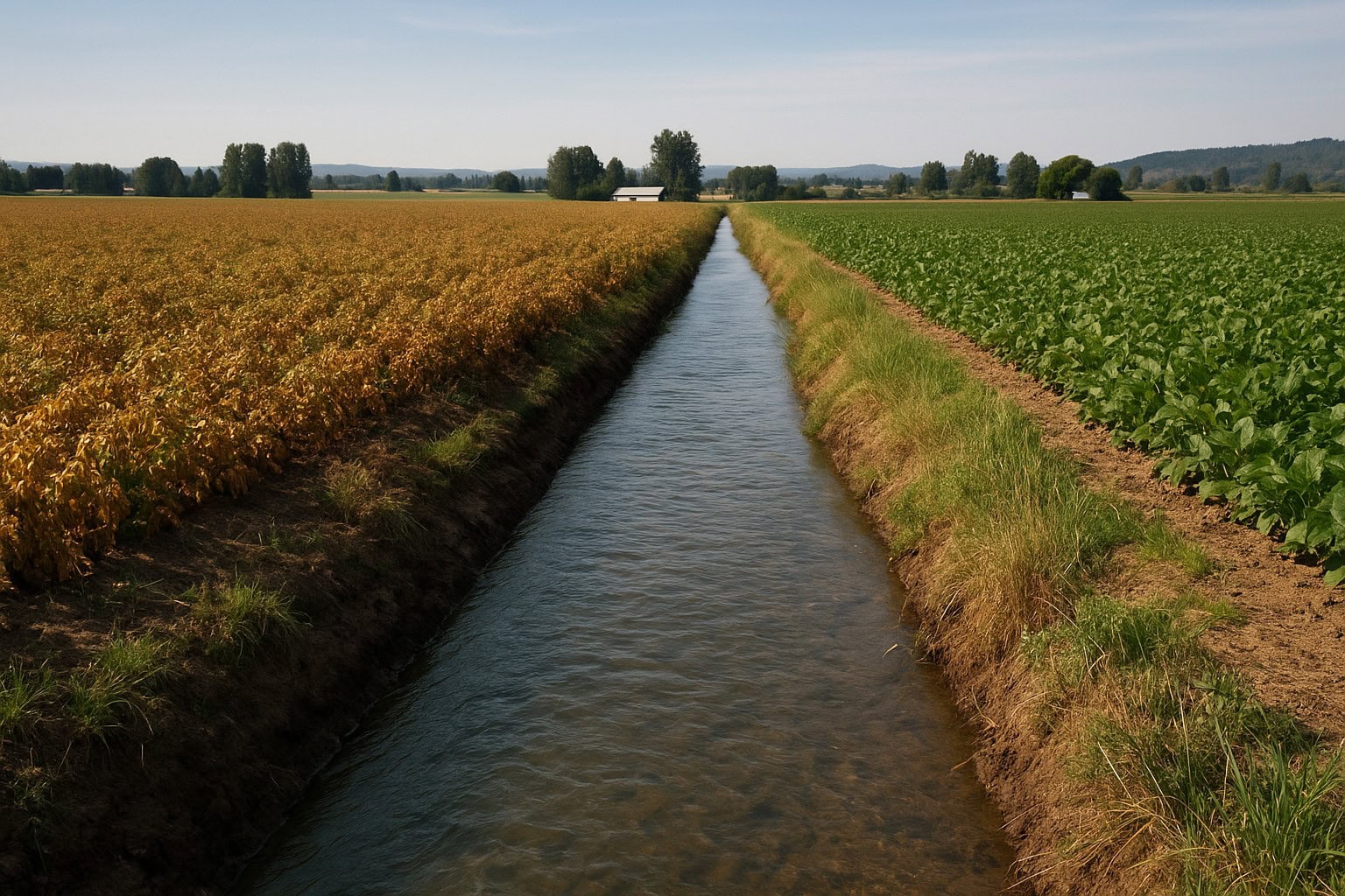 Irrigation canal on Washington farmland for water rights management.