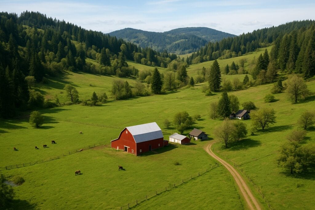 Aerial view of a Washington State ranch with rolling hills and evergreen trees.
