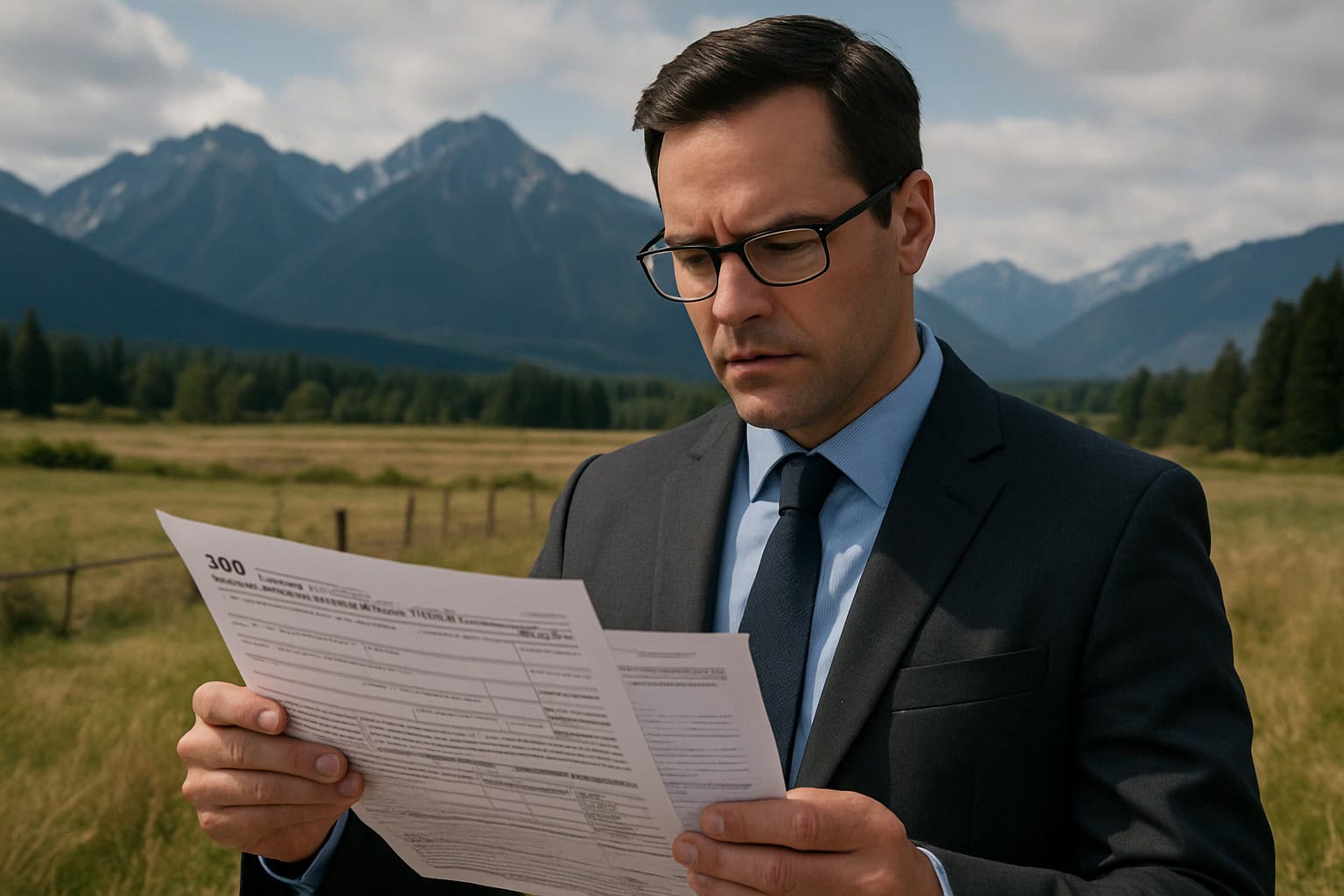 Professional reviewing tax documents in a rural Washington setting.