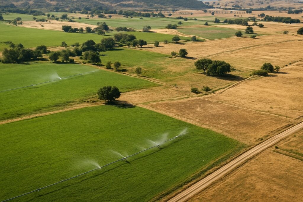 Aerial view of a Washington State ranch with varied landscapes and irrigation.