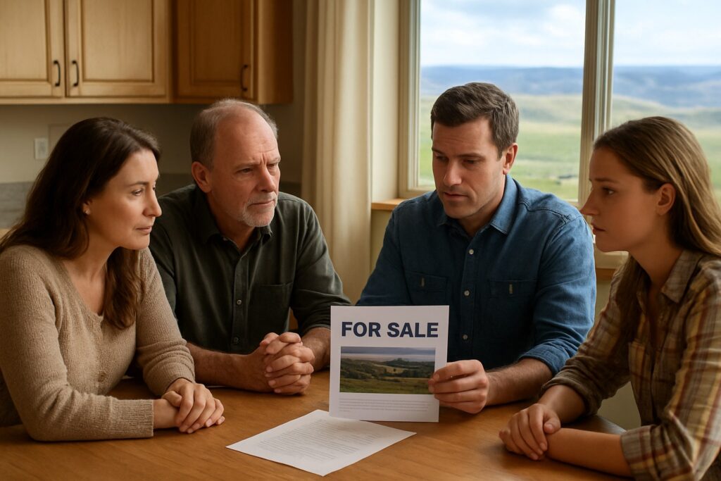 Family discussing ranch sale with Washington landscape view.