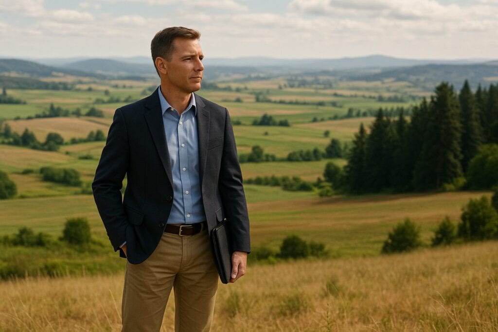Land broker overlooking Washington State farmland with hills and trees.