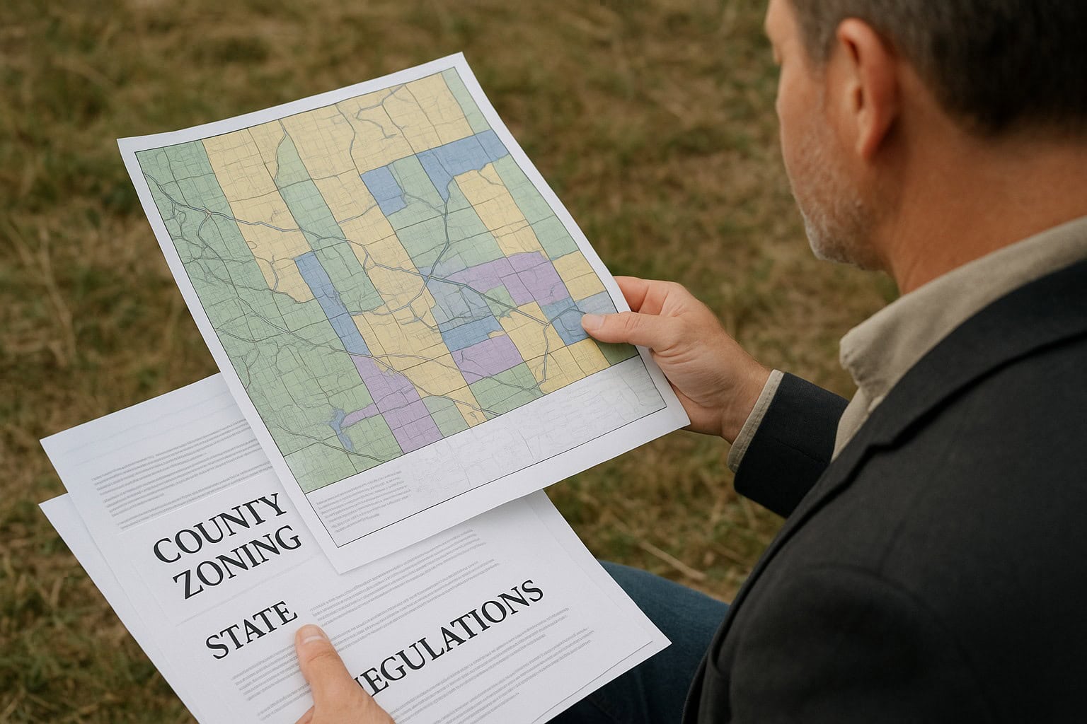 Land broker examining zoning documents outdoors.