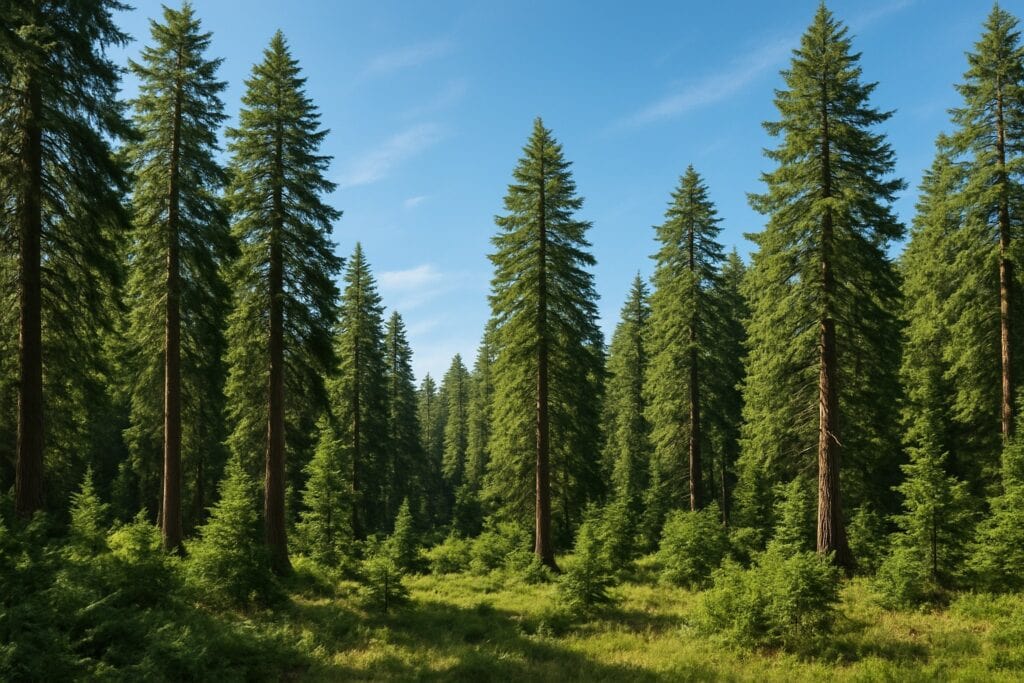 Lush Washington State timberland with evergreen trees.