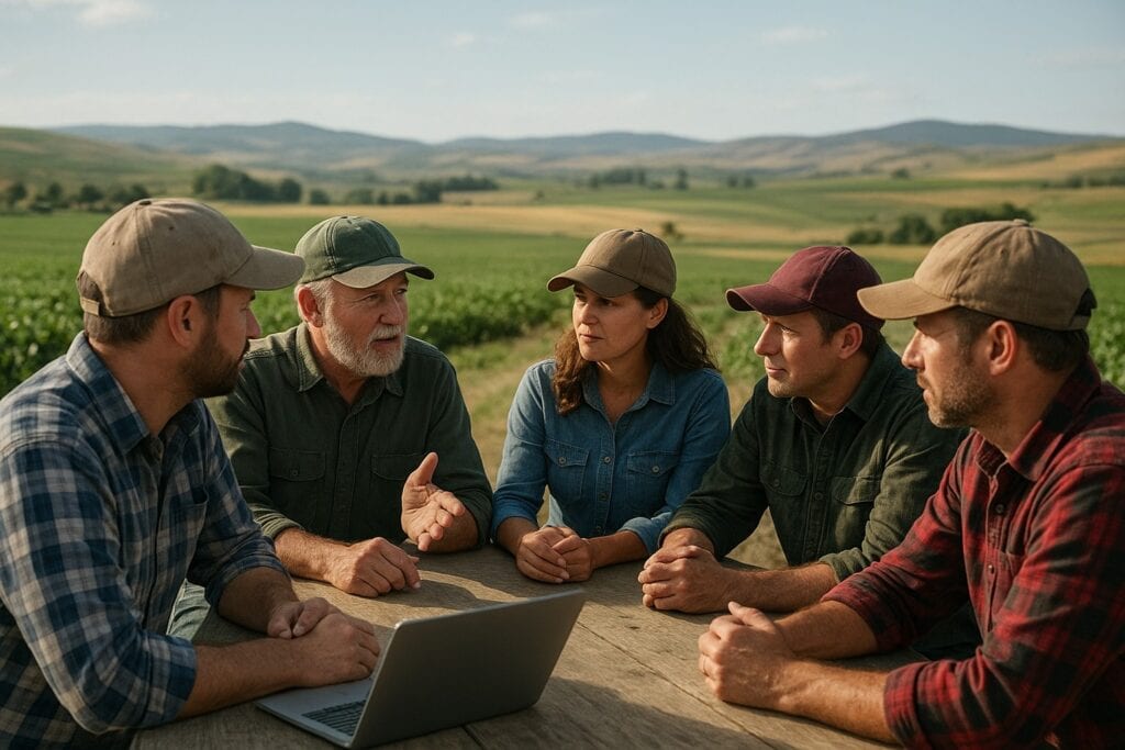Farmers in Washington State discussing cooperative strategies with farmland in the background.