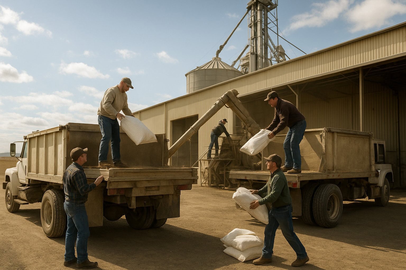Farmers in Eastern Washington loading bulk seed and fertilizer at a cooperative warehouse.