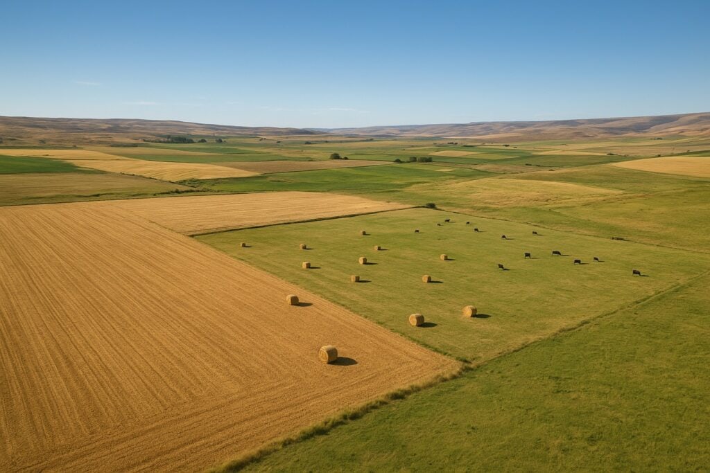 Aerial view of Washington State agricultural landscape with wheat, hay, and grazing lands.